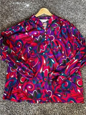 Vintage Vibrant Floral Print Blouse in Fuchsia, Purple & Teal